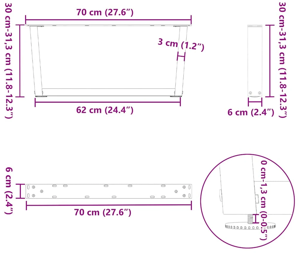 Kavos staliuko kojelės, V formos, 2 vnt., antracito spalvos, 70x(30-31,3) cm, plienas