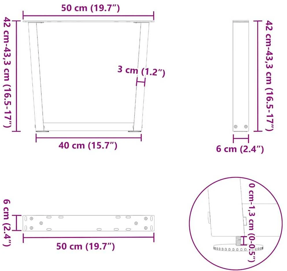 Kavos staliuko kojelės, V formos, 2 vnt., antracito spalvos, 50x(42-43,3) cm, plienas