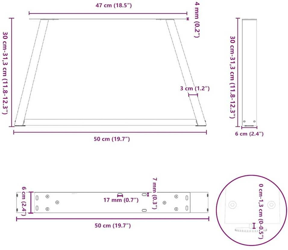 Kavos staliuko kojelės, V formos, 2 vnt., natūralus plienas, 50x(30-31,3) cm, plienas
