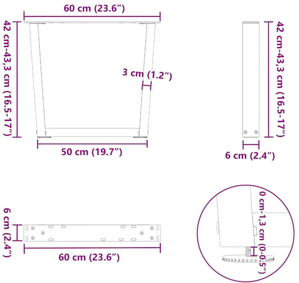 Kavos staliuko kojelės, V formos, 2 vnt., baltos, 60x(42-43,3) cm, plienas
