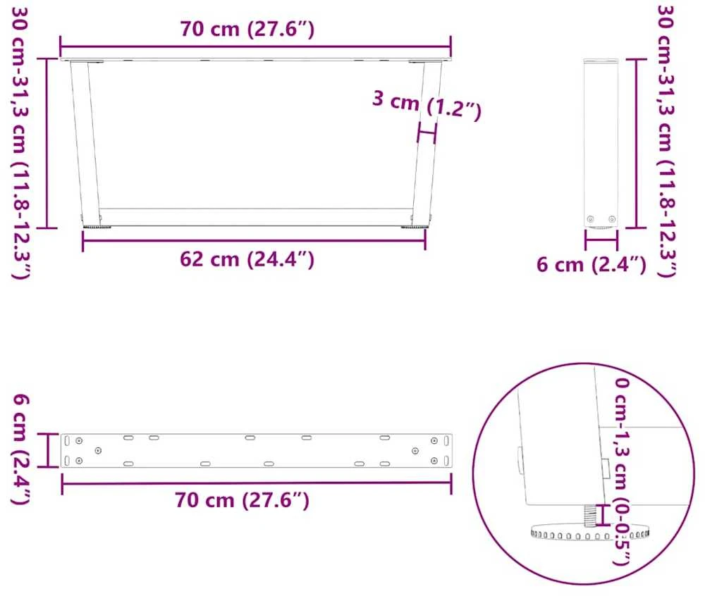 Kavos staliuko kojelės, V formos, 2 vnt., natūralus plienas, 70x(30-31,3) cm, plienas