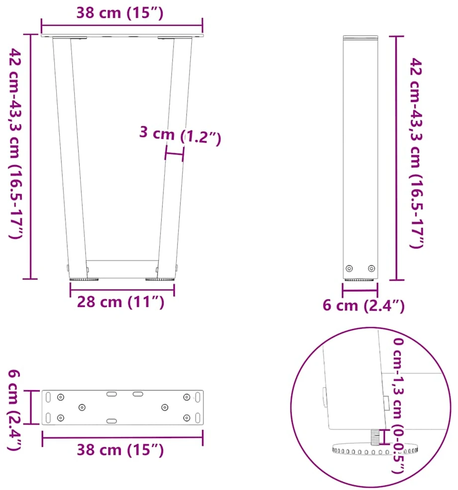 Kavos staliuko kojelės, V formos, 2 vnt., juodos, 38x(42-43,3) cm, plienas