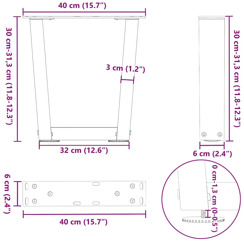 Kavos staliuko kojelės, V formos, 2 vnt., antracito spalvos, 40x(30-31,3) cm, plienas