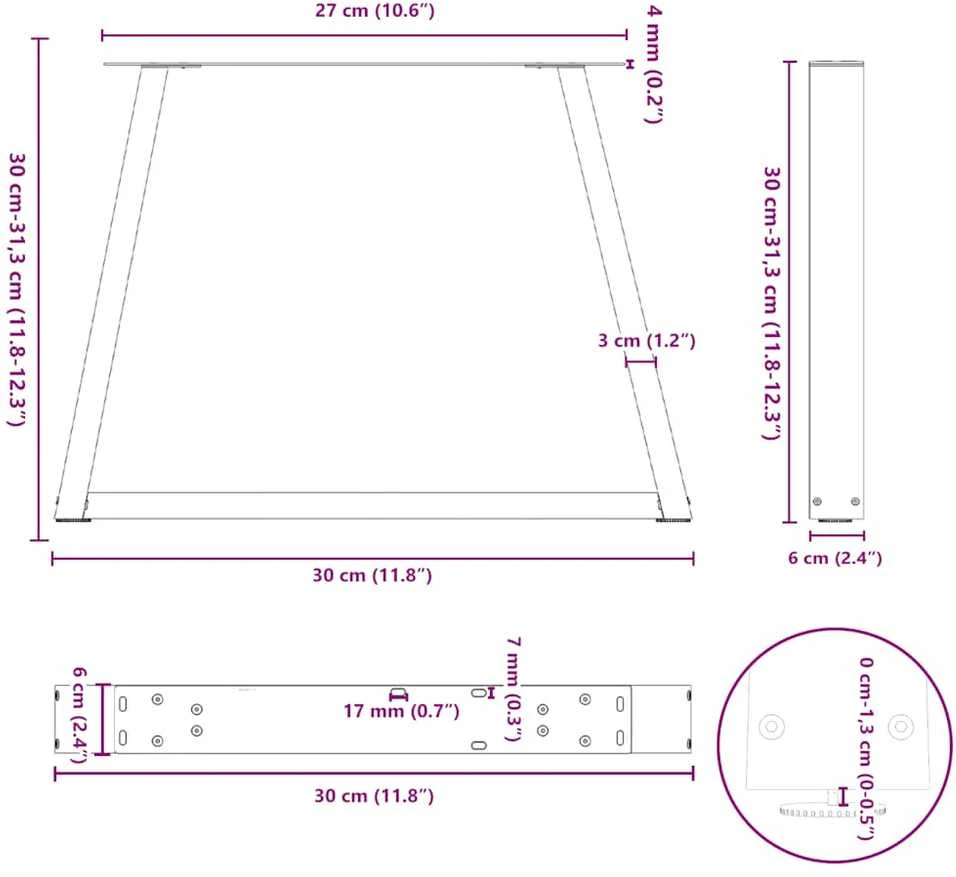 Kavos staliuko kojelės, V formos, 2 vnt., baltos, 30x(30-31,3) cm, plienas