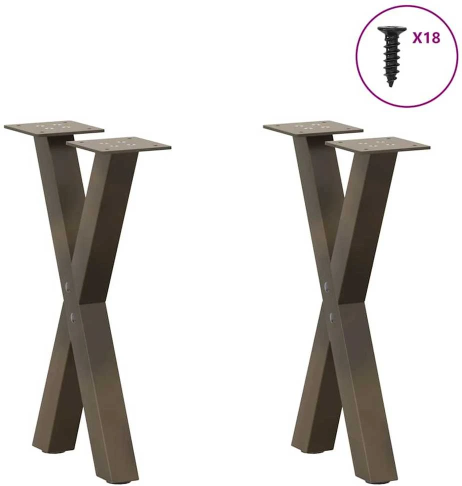 Kavos staliuko kojelės, X formos, 2 vnt., natūralus plienas, 38x(42-43) cm, plienas