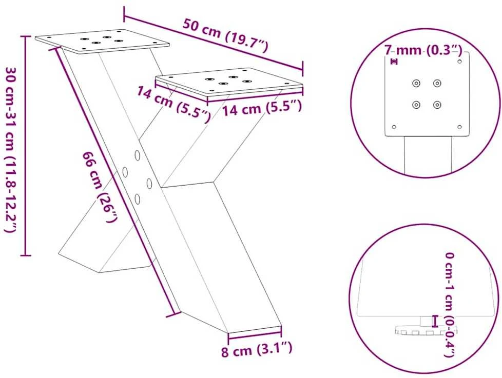Kavos staliuko kojelės, X formos, 2 vnt., natūralus plienas, 50x(30-31) cm, plienas