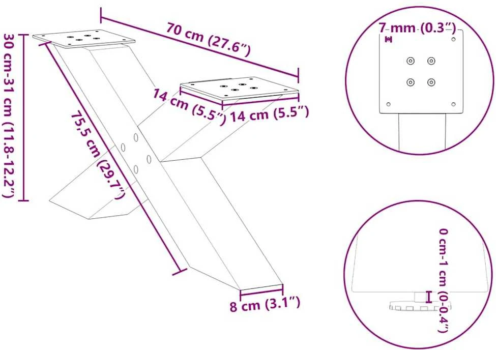 Kavos staliuko kojelės, 2 vnt., baltos, 70x(30-31) cm, plienas, X formos