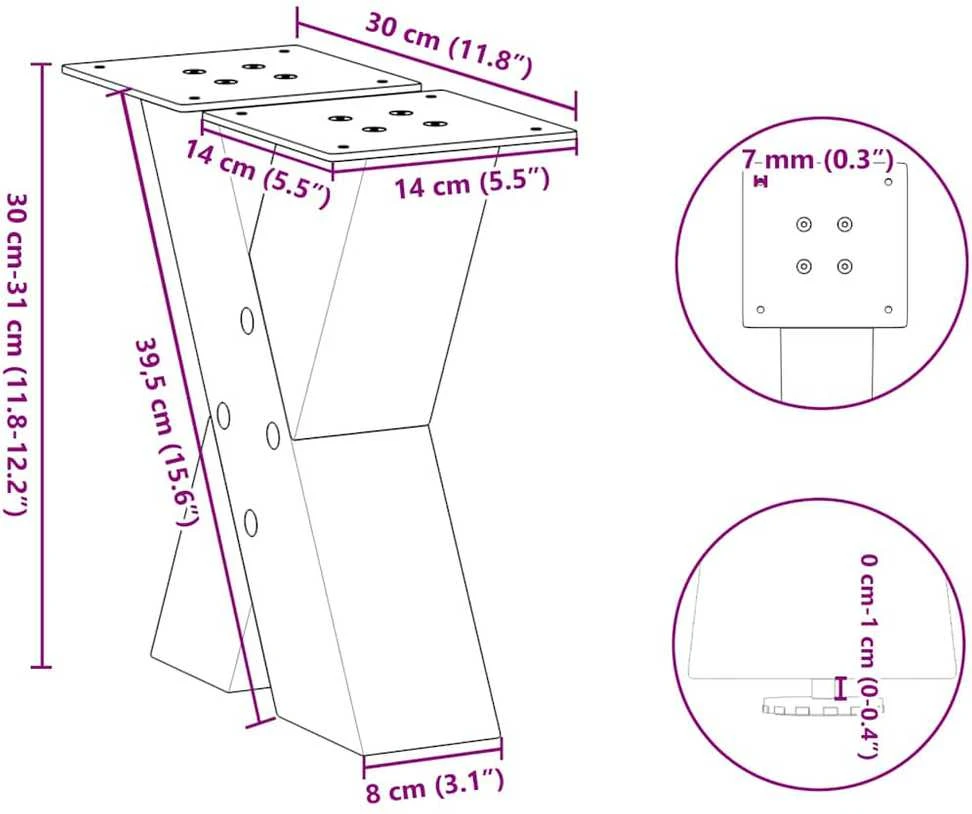 Kavos staliuko kojelės, 2 vnt., baltos, 30x(30-31) cm, plienas, X formos