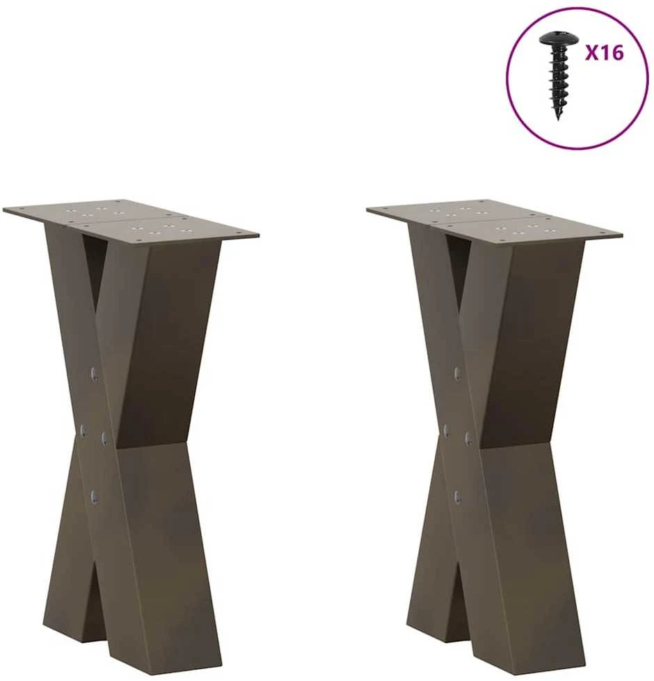 Kavos staliuko kojelės, X formos, 2 vnt., natūralus plienas, 38x(42-43) cm, plienas
