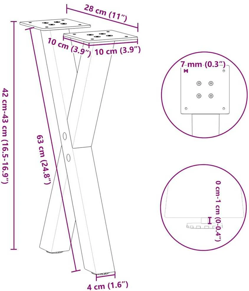 Kavos staliuko kojelės, X formos, 2 vnt., natūralus plienas, 28x(42-43) cm, plienas