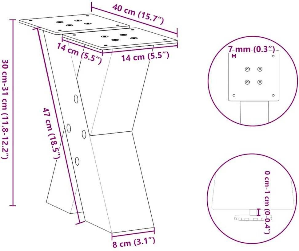 Kavos staliuko kojelės, X formos, 2 vnt., juodos, 40x(30-31) cm, plienas
