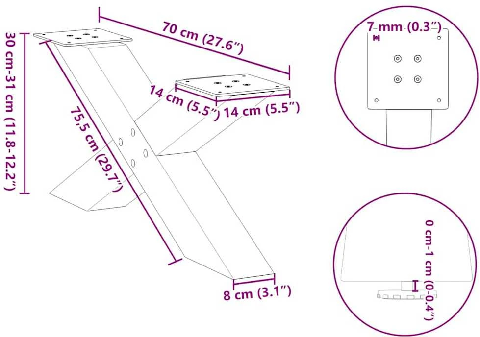 Kavos staliuko kojelės, 2 vnt., juodos, 70x(30-31) cm, plienas, X formos