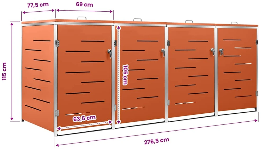 Keturvietė konteinerių pastogė, 276,5x77,5x112,5 cm, plienas