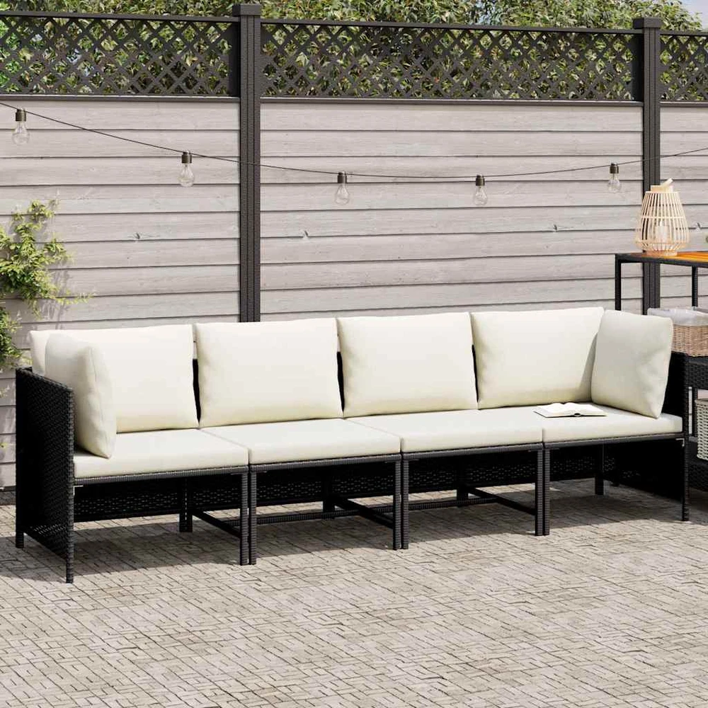 Keturvietė sodo sofa su pagalvėlėmis, juoda, poliratanas