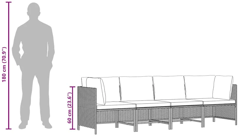 Keturvietė sodo sofa su pagalvėlėmis, juoda, poliratanas