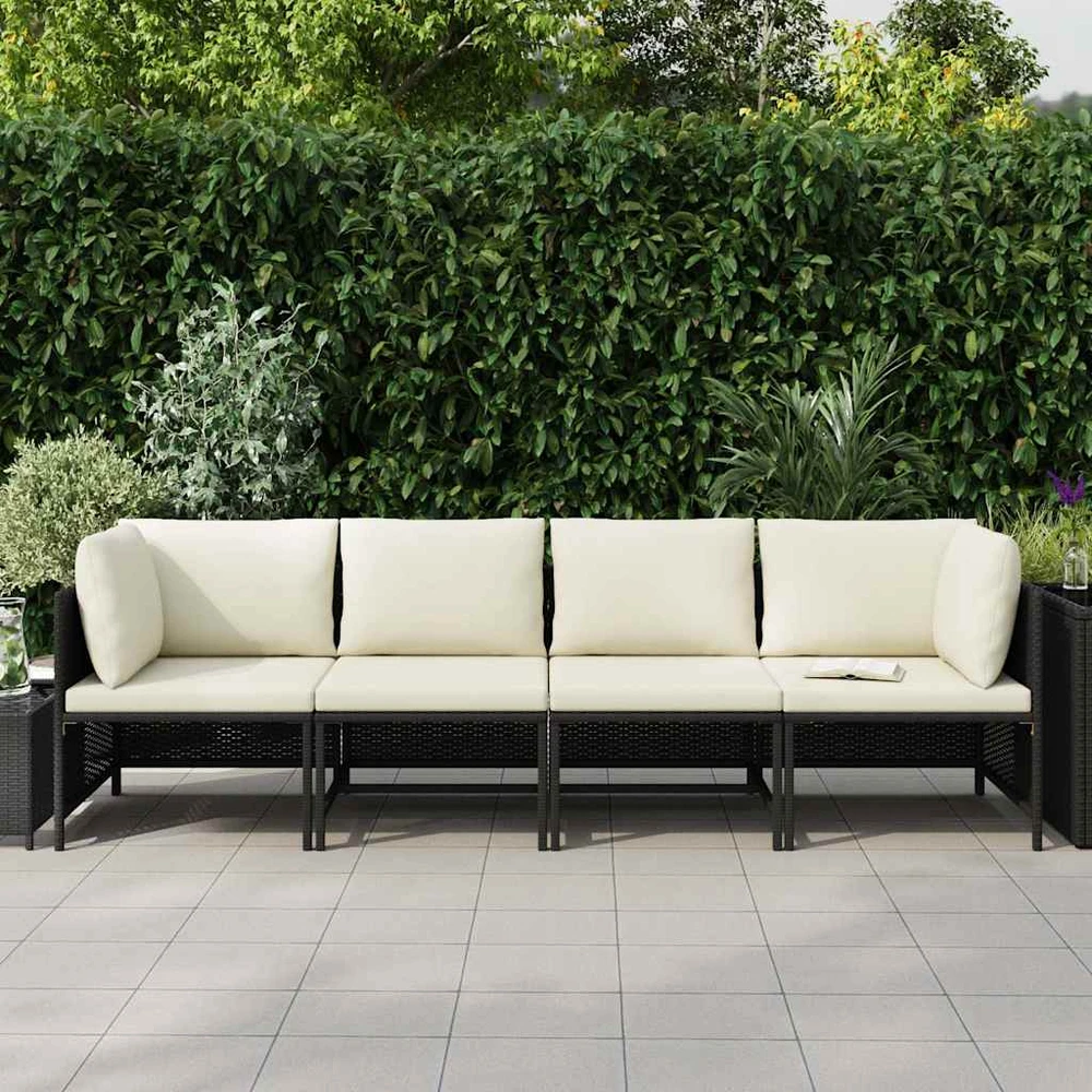 Keturvietė sodo sofa su pagalvėlėmis, juoda, poliratanas