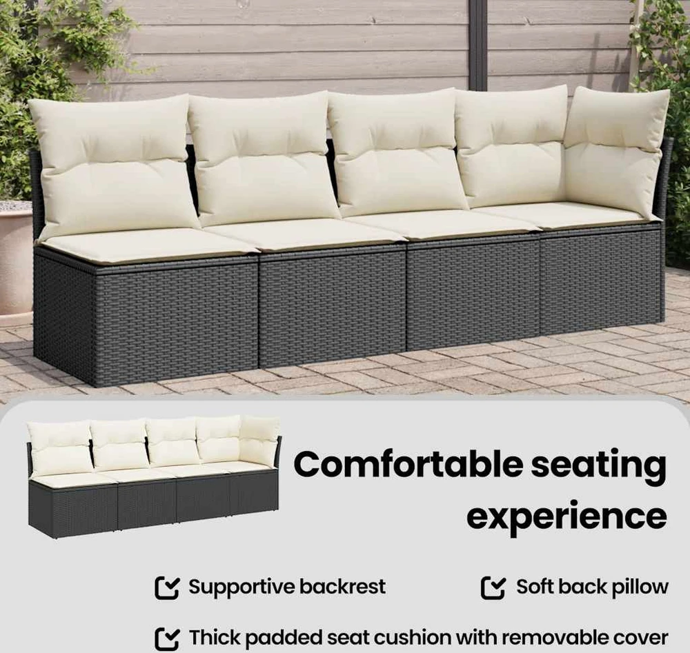Keturvietė sodo sofa su pagalvėlėmis, juoda, poliratanas