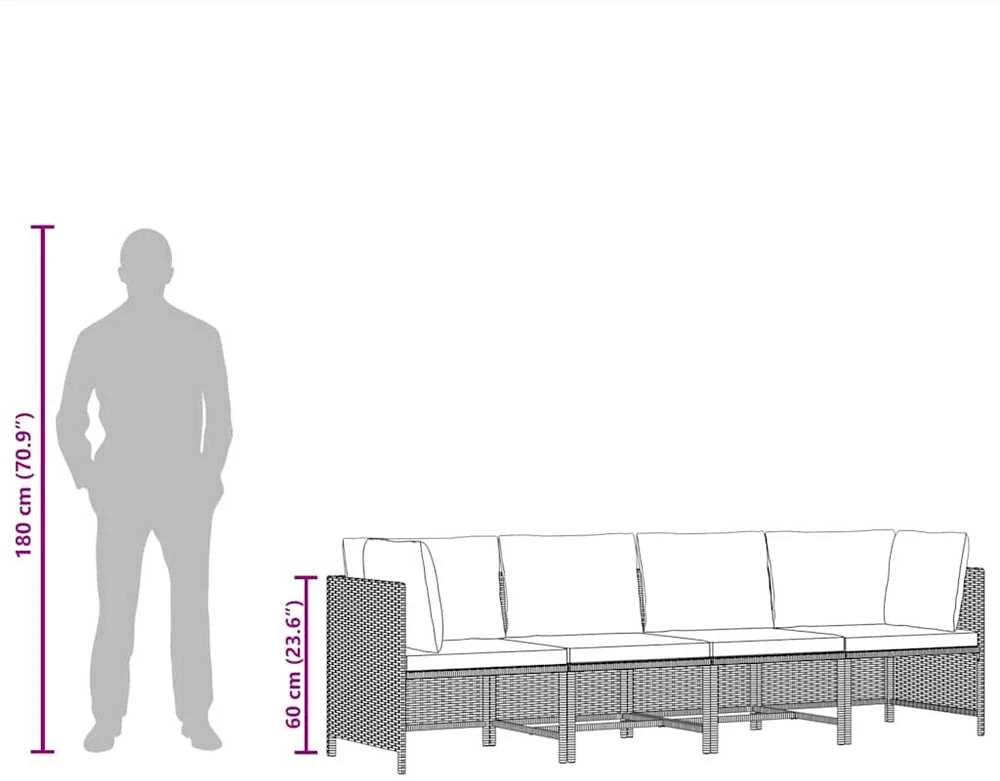 Keturvietė sodo sofa su pagalvėlėmis, juoda, poliratanas