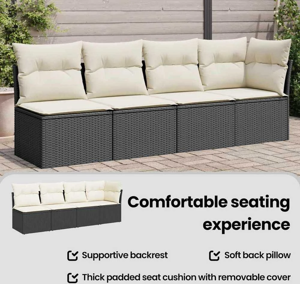 Keturvietė sodo sofa su pagalvėlėmis, juoda, poliratanas