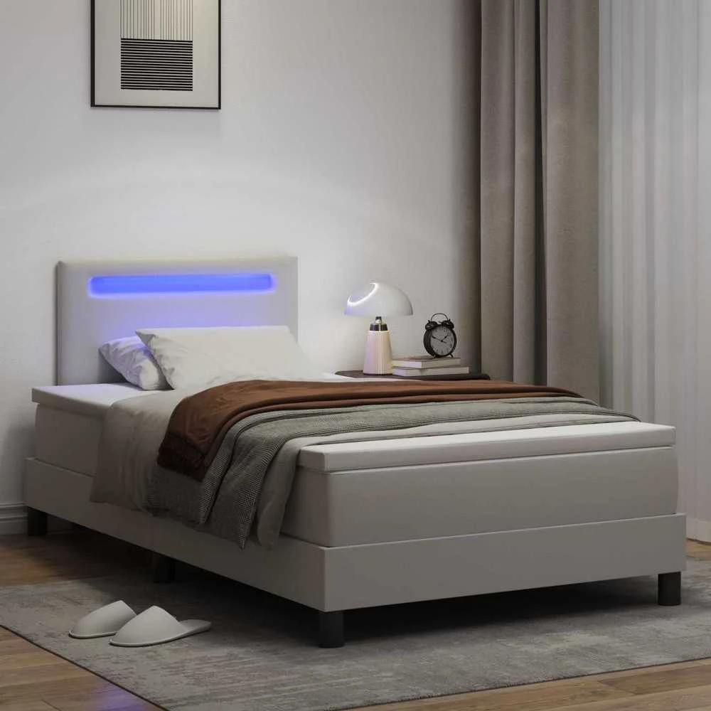 Kiemas lova su LED juostelėmis Balta 120 x 190 cm Dirbtinė oda