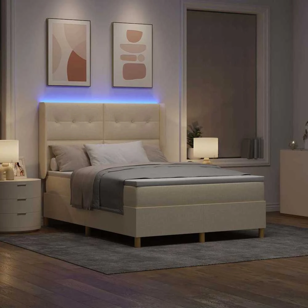 Kiemas lova su LED juostelėmis Kreminė 160 x 200 cm audinys