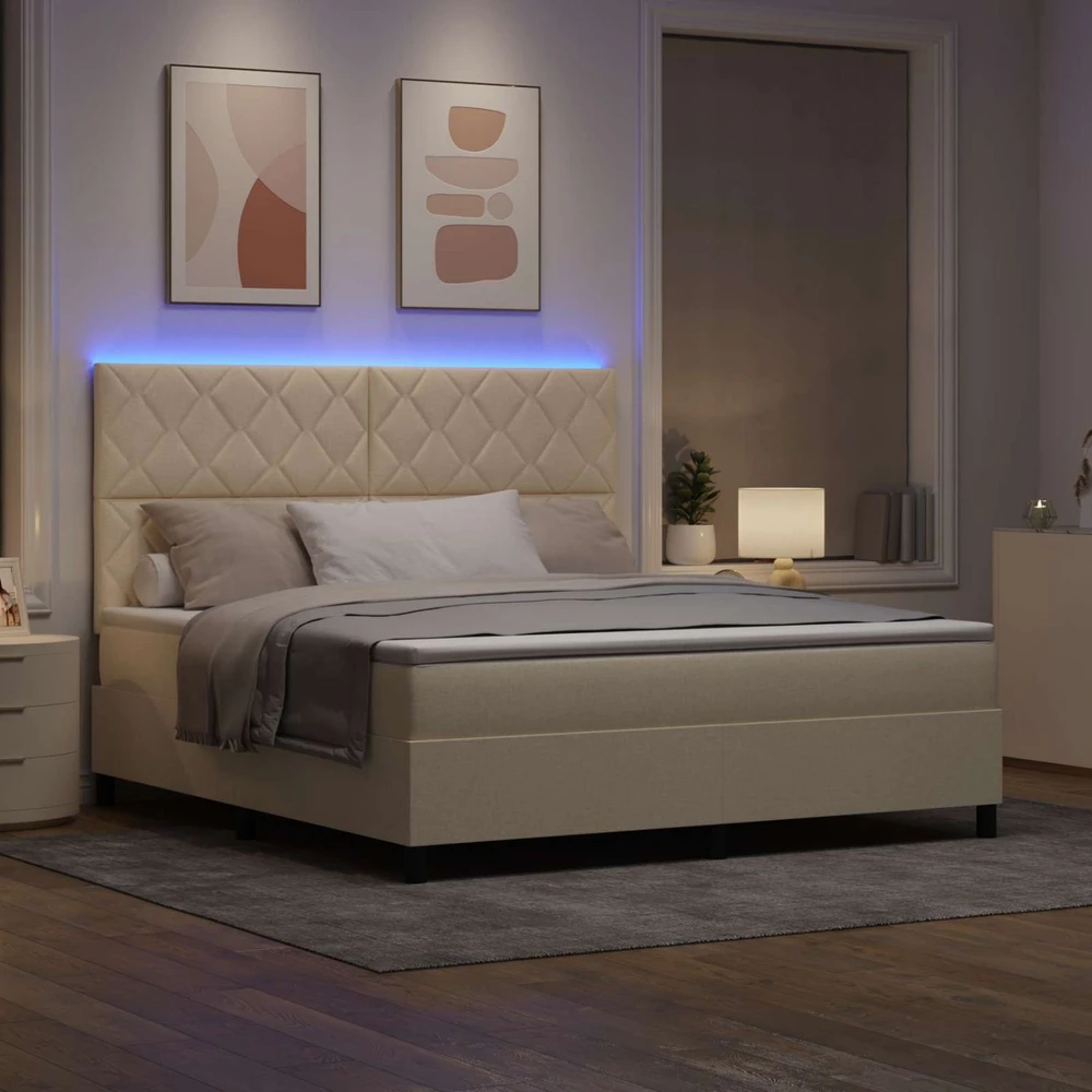 Kiemas lova su LED juostelėmis Kreminė 180 x 200 cm audinys