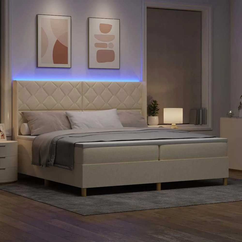 Kiemas lova su LED juostelėmis Kreminė 200 x 200 cm audinys