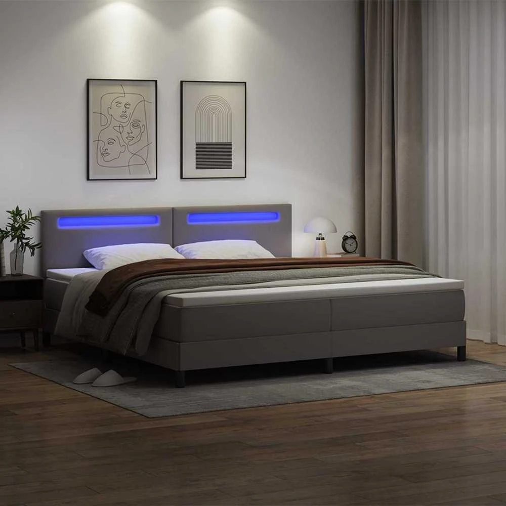 Kiemas lova su LED juostelėmis Pilka 200 x 200 cm Dirbtinė oda