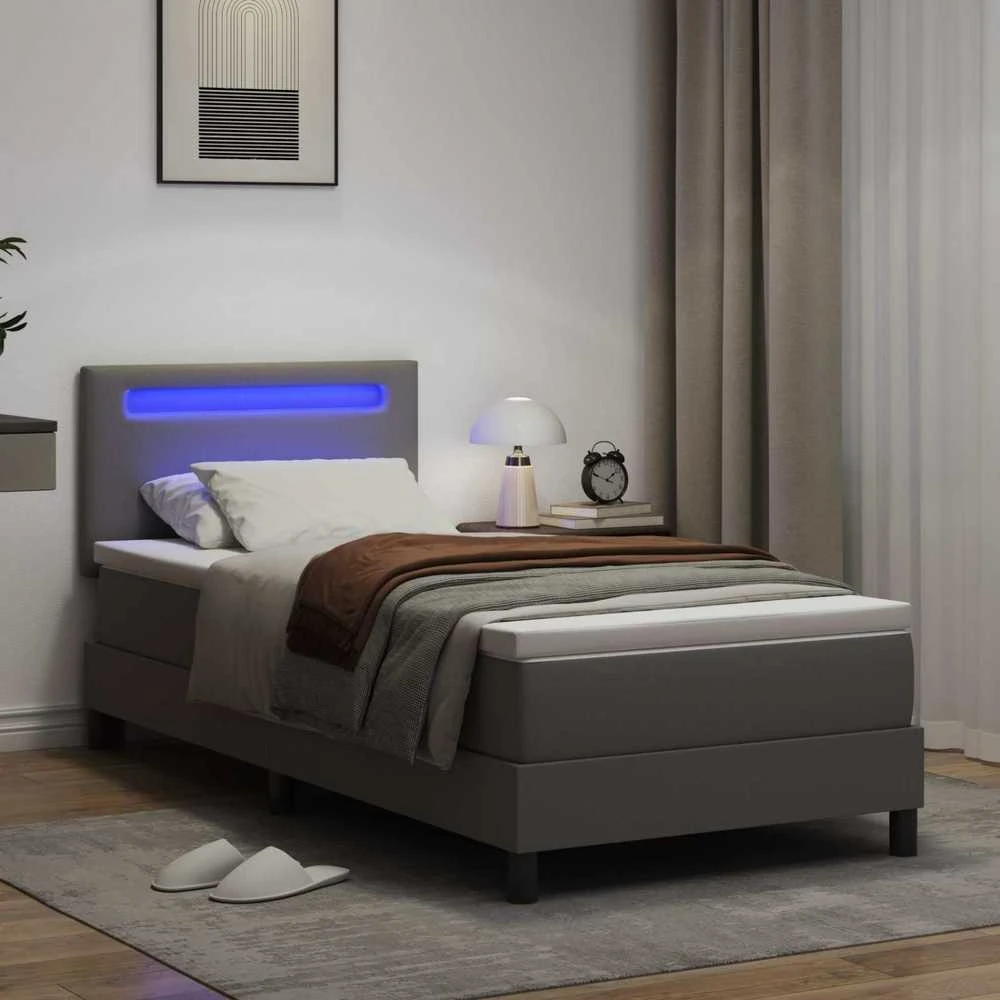 Kiemas lova su LED juostelėmis Pilka 90 x 190 cm Dirbtinė oda