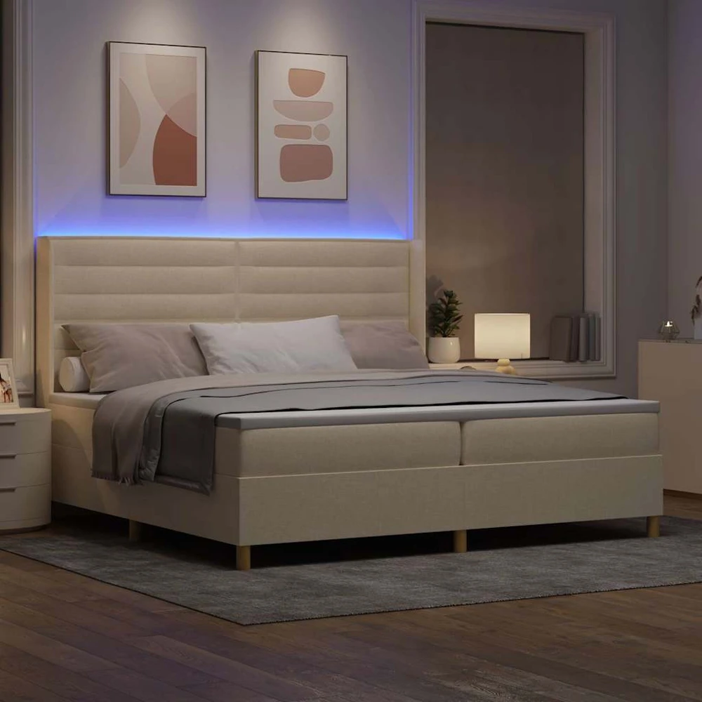 Kiemas lova su čiužiniu su LED Kreminė 200 x 200 cm audinys