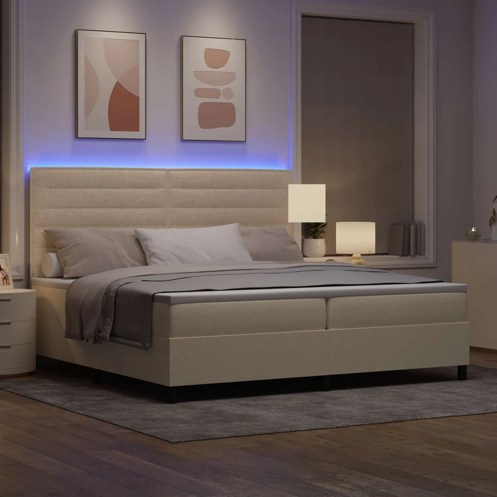 Kiemas lova su čiužiniu su LED Kreminė 200 x 200 cm audinys