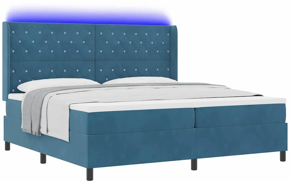 Kiemas lova su čiužiniu su LED Mėlyna 200 x 200 cm Aksomas