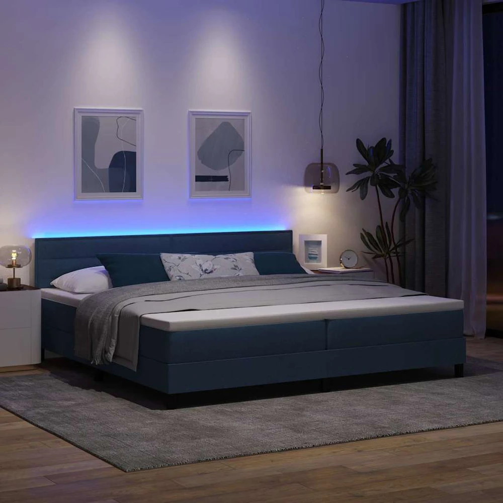 Kiemas lova su čiužiniu su LED Mėlyna 200 x 200 cm audinys