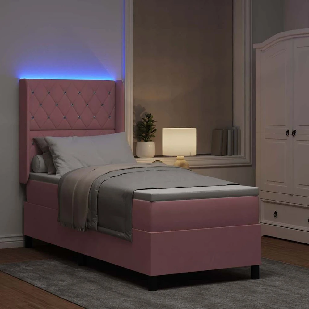 Kiemas lova su čiužiniu su LED Rožinė 80 x 200 cm Aksomas