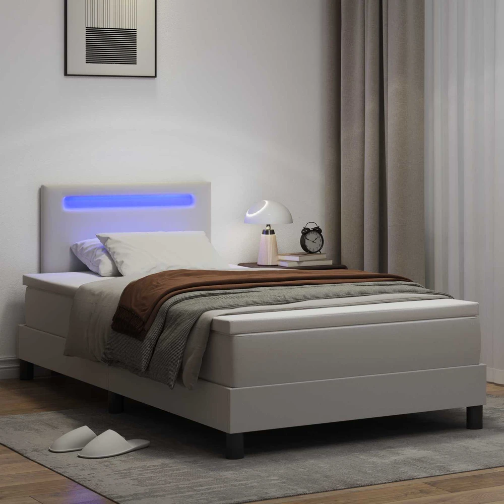 Kiemas lova su LED juostelėmis Balta 120 x 190 cm Dirbtinė oda