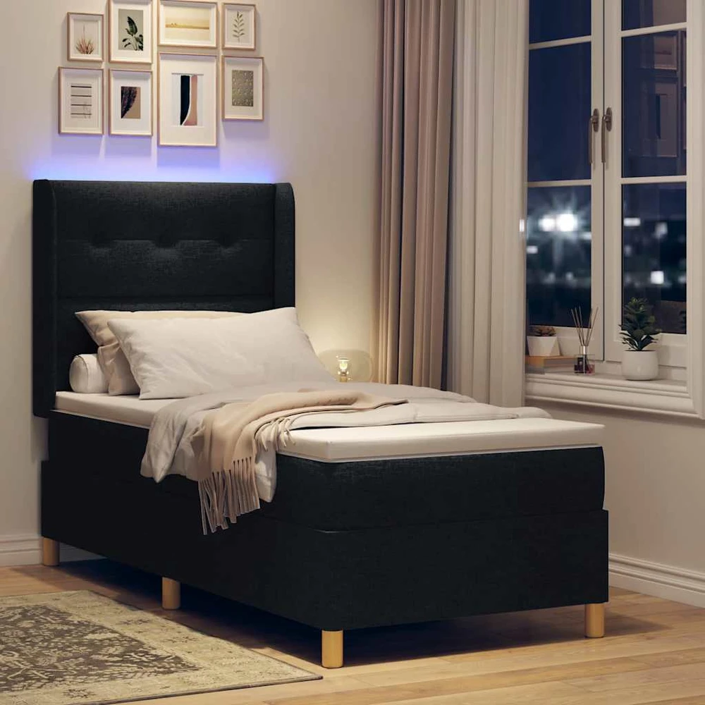 Kiemas lova su LED juostelėmis Juoda 100 x 200 cm audinys