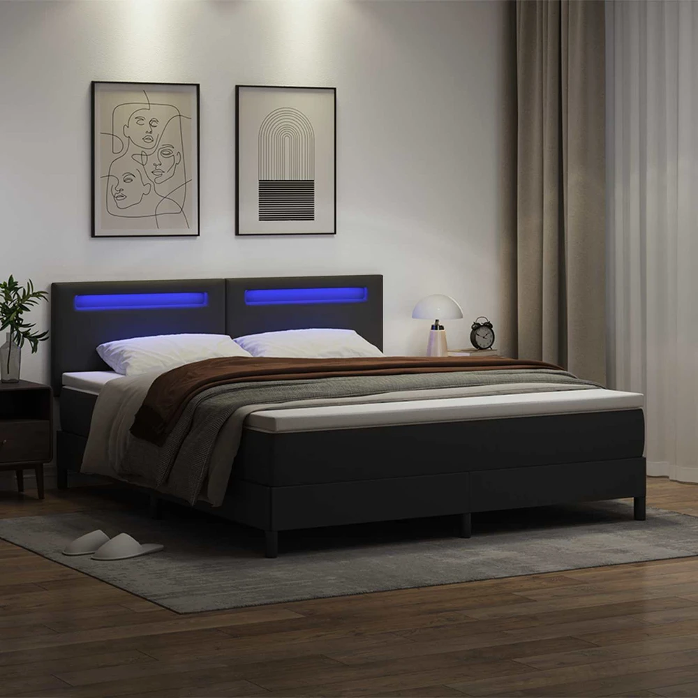 Kiemas lova su LED juostelėmis Juoda 180 x 200 cm Dirbtinė oda
