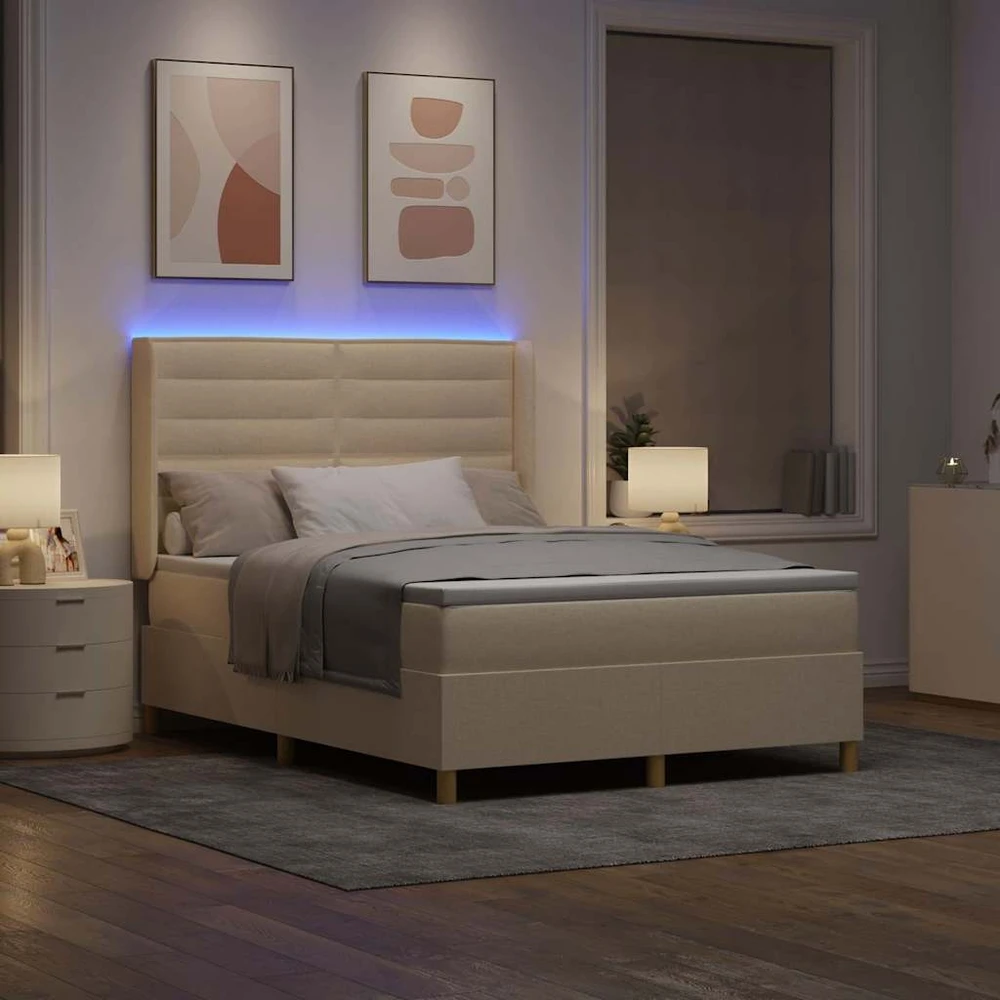 Kiemas lova su LED juostelėmis Kreminė 140 x 190 cm audinys
