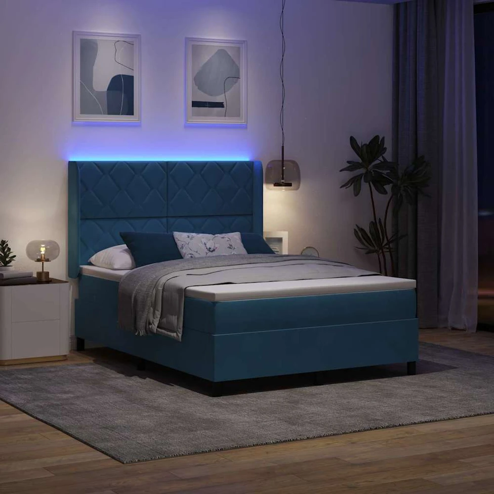 Kiemas lova su LED juostelėmis Mėlyna 140 x 200 cm Aksomas