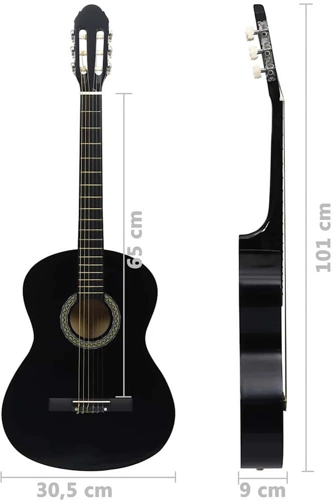 Klasikinė gitara su dėklu pradedantiesiems, juoda, 4/4 39"