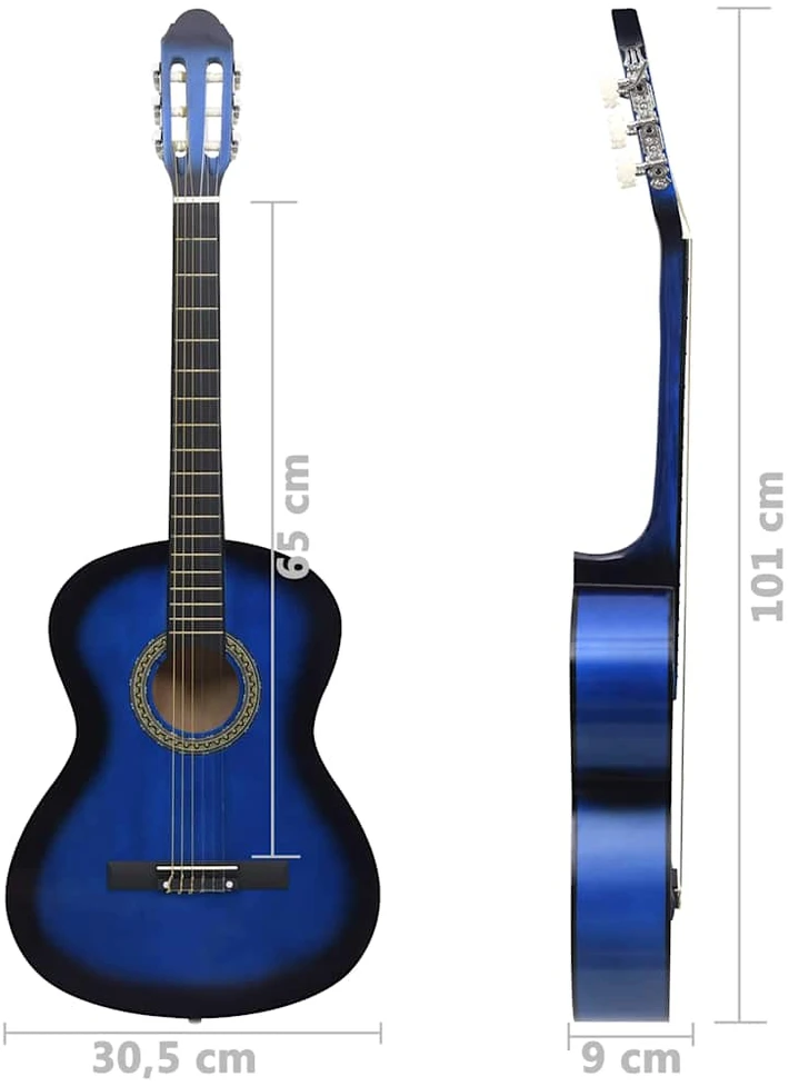 Klasikinė gitara su dėklu pradedantiesiems, mėlyna, 4/4 39"