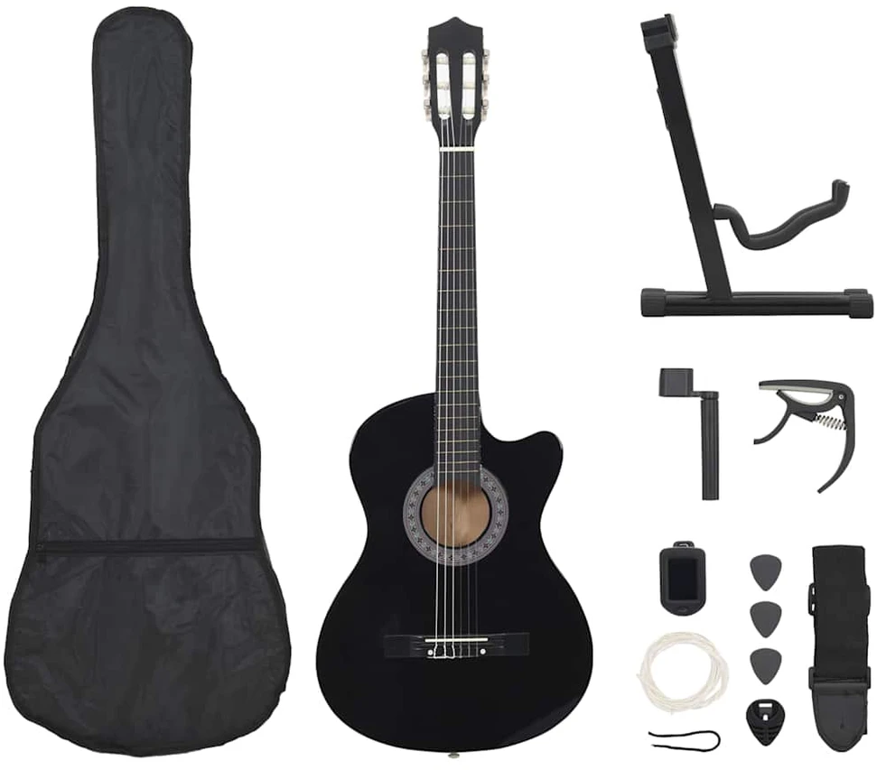 Klasikinės gitaros rinkinys, 12 dalių, juodas, 38", 6 stygos