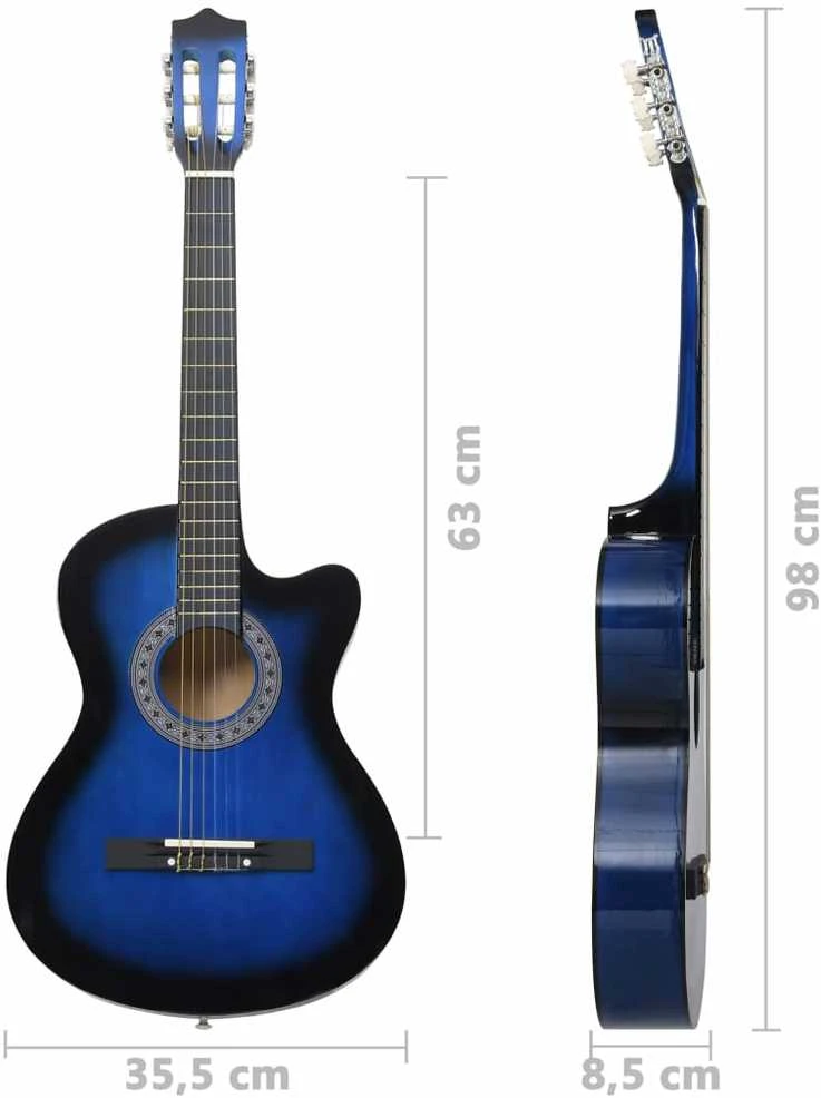 Klasikinės gitaros rinkinys, 12 dalių, mėlynas, 38", 6 stygos