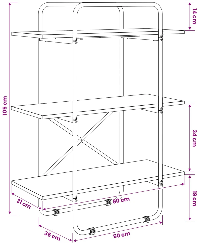 Knygų lentyna 3 aukštų 80 x 35 x 105 cm PB Pilka Sonoma