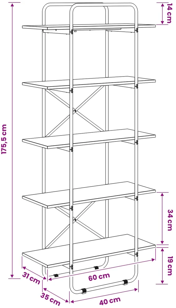 Knygų lentyna 5 aukštų 60 x 35 x 175,5 cm PB Ąžuolo mediena