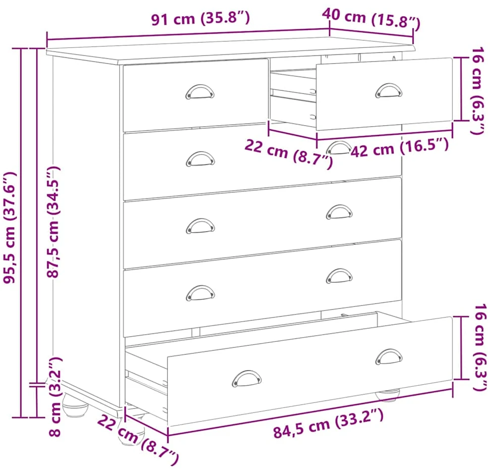 Komoda ASKIM Ruda 91 x 40 x 95,5 cm Kietos pušies mediena
