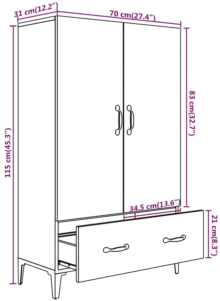 Komoda, baltos spalvos, 70x31x115cm, apdirbta mediena