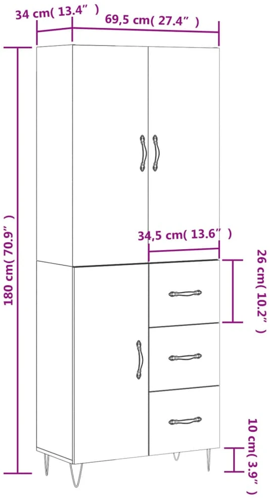 Komoda, betono pilkos spalvos, 69,5x34x180cm, apdirbta mediena