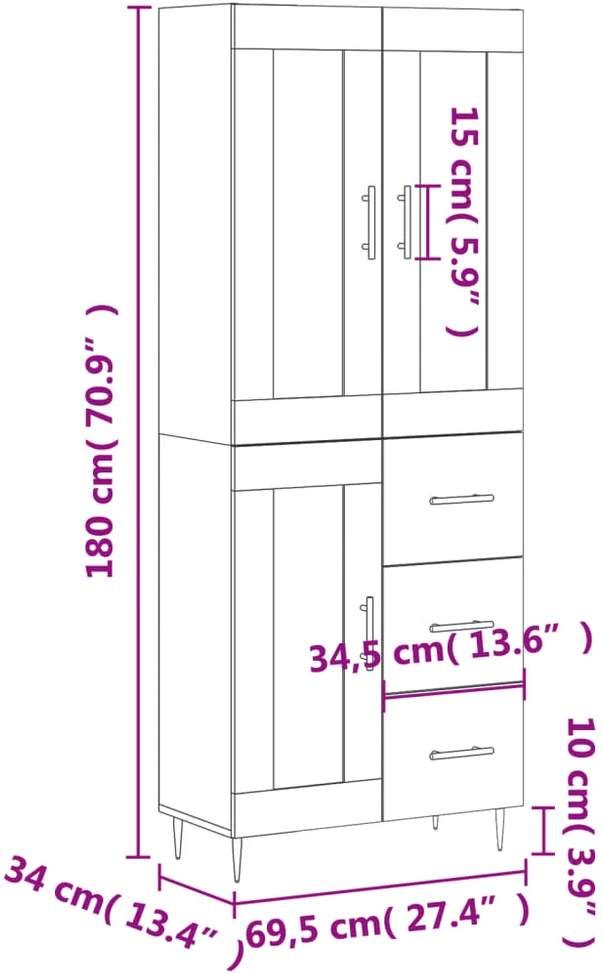 Komoda, betono pilkos spalvos, 69,5x34x180cm, apdirbta mediena