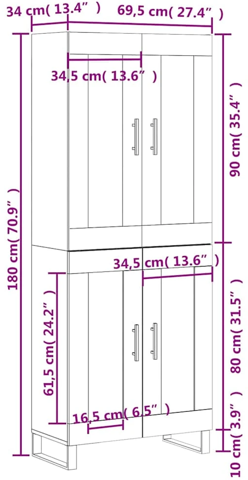 Komoda, betono pilkos spalvos, 69,5x34x180cm, apdirbta mediena